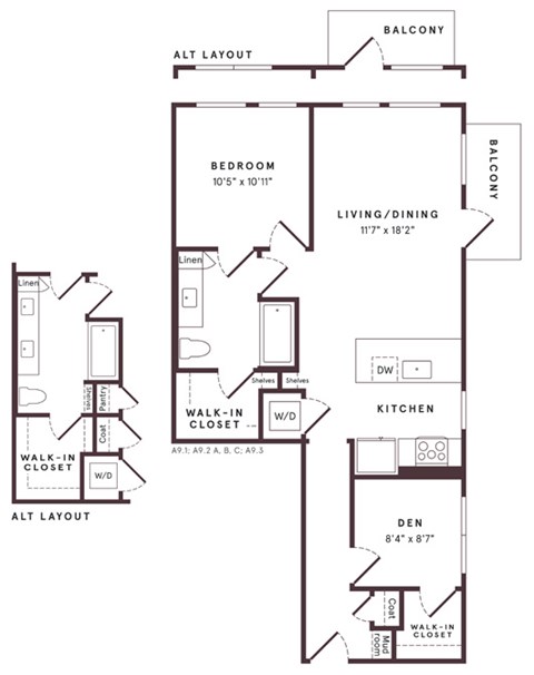 Floor plan for 1 bed, 1 bath, 901 sqft