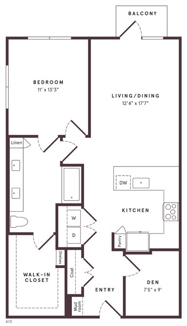 Floor plan for 1 bed, 1 bath, 958 sqft