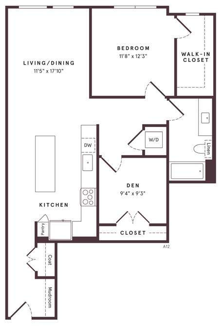 Floor plan for 1 bed, 1 bath, 1005 sqft