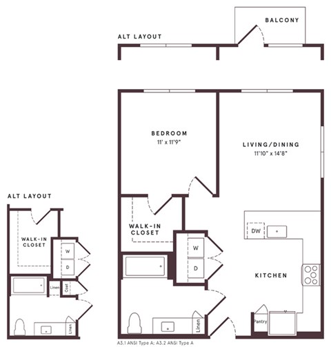 Floor plan for 1 bed, 1 bath, 727 sqft