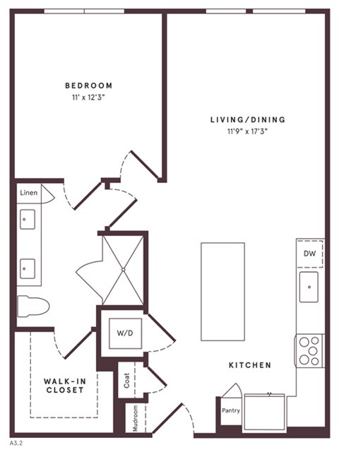 Floor plan for 1 bed, 1 bath, 770 sqft