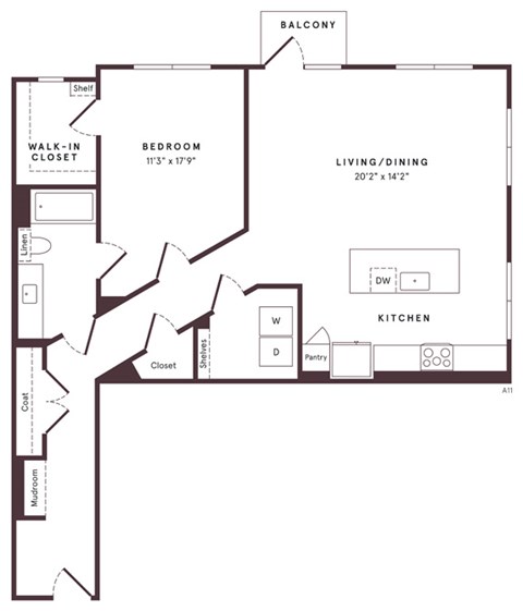 Floor plan for 1 bed, 1 bath, 1014 sqft