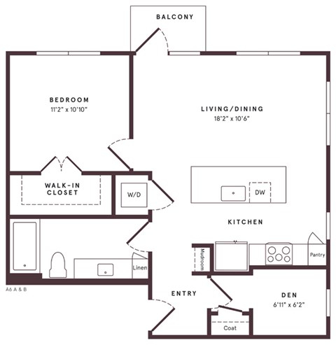 Floor plan for 1 bed, 1 bath, 758 sqft