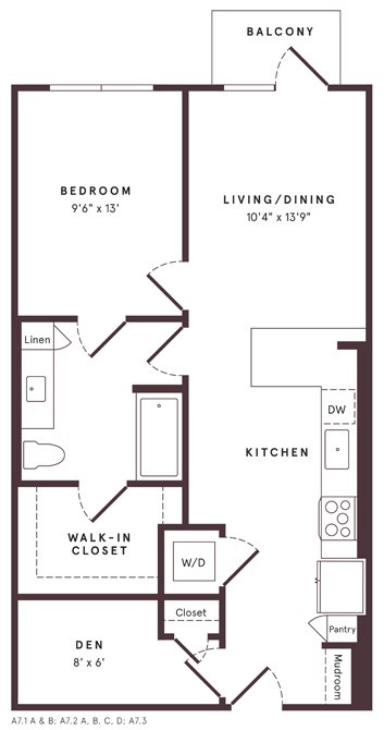 Floor plan for 1 bed, 1 bath, 782 sqft