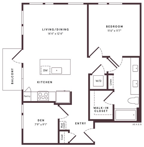 Floor plan for 1 bed, 1 bath, 811 sqft