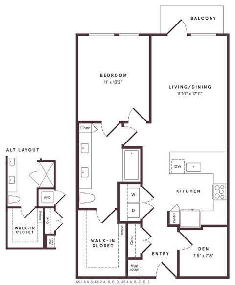 Floor plan for 1 bed, 1 bath, 882 sqft