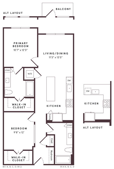 Floor plan for 2 beds, 2 baths, 1003 sqft