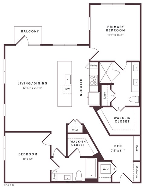 Floor plan for 2 beds, 2 baths, 1286 sqft
