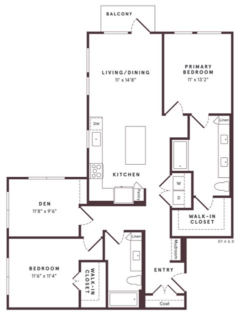 Floor plan for 2 beds, 2 baths, 1306 sqft