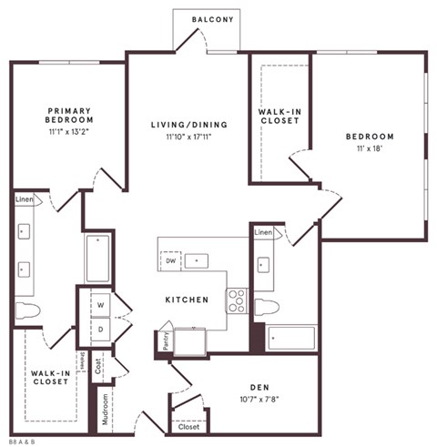 Floor plan for 2 beds, 2 baths, 1369 sqft