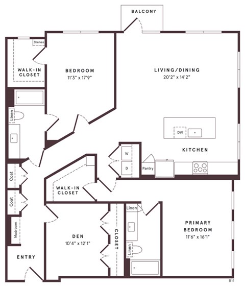 Floor plan for 2 beds, 2 baths, 1593 sqft