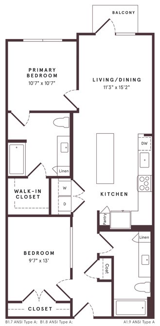 Floor plan for 2 beds, 2 baths, 1009 sqft