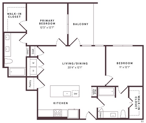 Floor plan for 2 beds, 2 baths, 1124 sqft