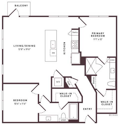 Floor plan for 2 beds, 2 baths, 1133 sqft