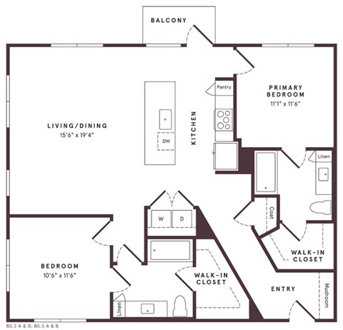 Floor plan for 2 beds, 2 baths, 1302 sqft