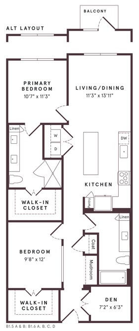 Floor plan for 2 beds, 2 baths, 1125 sqft
