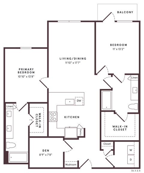 Floor plan for 2 beds, 2 baths, 1253 sqft