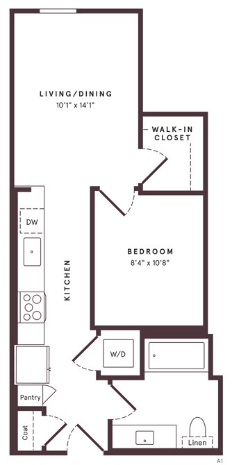 Floor plan for 1 bed, 1 bath, 558 sqft