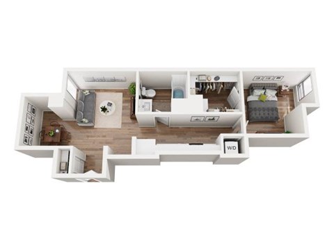 Floor plan for 1 bed, 1 bath, 728 sqft