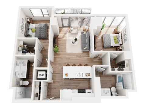 Floor plan for 2 beds, 2 baths, 1043 sqft
