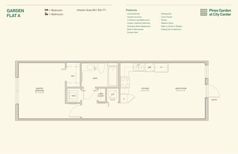 Floor plan for 1 bed, 1 bath, 651 sqft