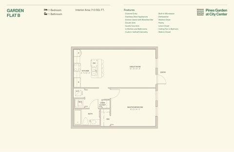 Floor plan for 1 bed, 1.5 baths, 713 sqft