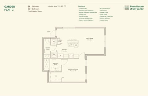 Floor plan for 1 bed, 1 bath, 725 sqft