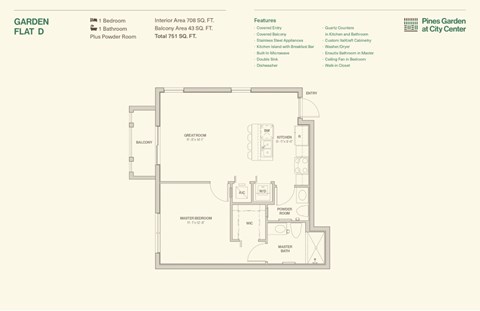 Floor plan for 1 bed, 1.5 baths, 708 sqft