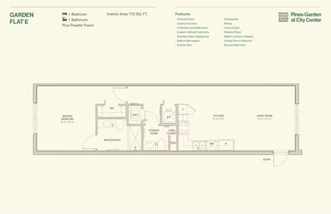 Floor plan for 1 bed, 1.5 baths, 772 sqft