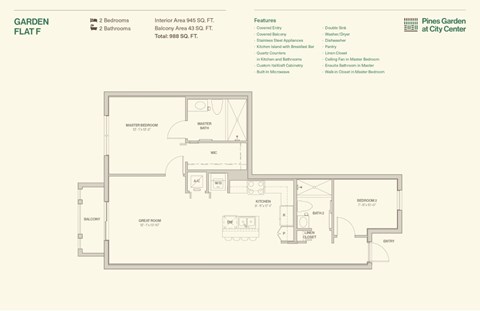 Floor plan for 2 beds, 2.5 baths, 945 sqft
