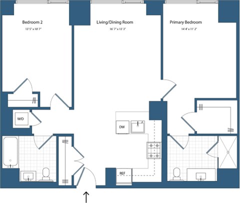 Floor plan for 2 beds, 2 baths, 1079 sqft