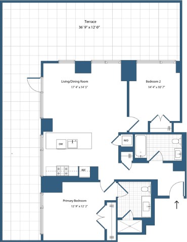 Floor plan for 2 beds, 2 baths, 1230 sqft