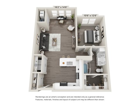 Floor plan for 1 bed, 1 bath, 892 sqft