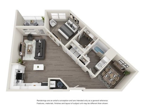Floor plan for 1 bed, 1 bath, 911 sqft
