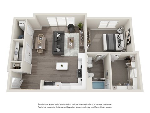 Floor plan for 1 bed, 1 bath, 822 sqft
