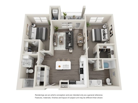 Floor plan for 2 beds, 2 baths, 1049 sqft