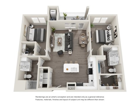 Floor plan for 2 beds, 2 baths, 1103 sqft