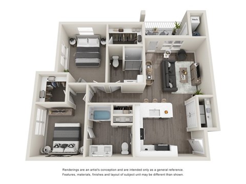Floor plan for 2 beds, 2 baths, 1055 sqft