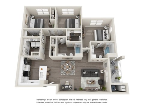 Floor plan for 3 beds, 2 baths, 1405 sqft