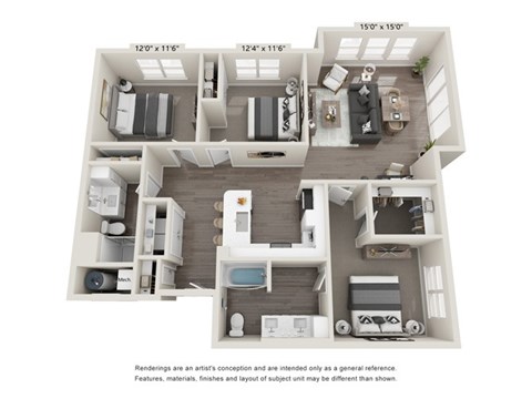 Floor plan for 3 beds, 2 baths, 1378 sqft