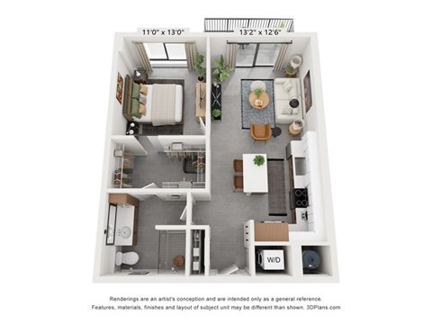 Floor plan for 1 bed, 1 bath, 752 sqft
