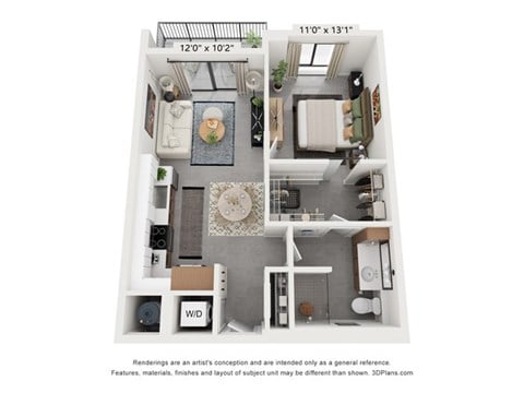Floor plan for 1 bed, 1 bath, 698 sqft