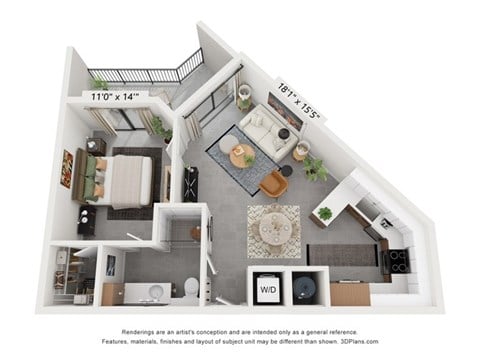 Floor plan for 1 bed, 1 bath, 712 sqft