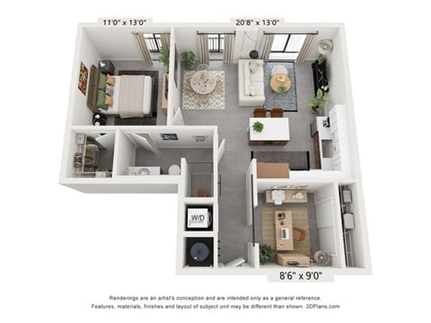 Floor plan for 1 bed, 1 bath, 867 sqft