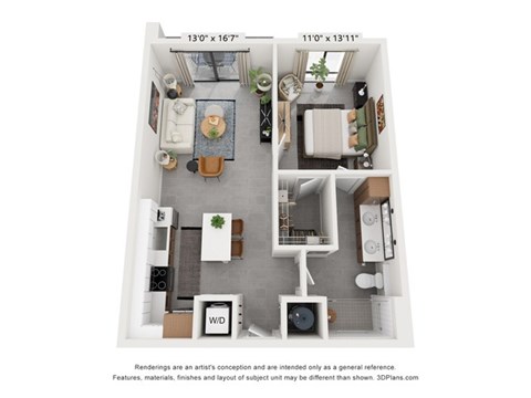 Floor plan for 1 bed, 1 bath, 766 sqft