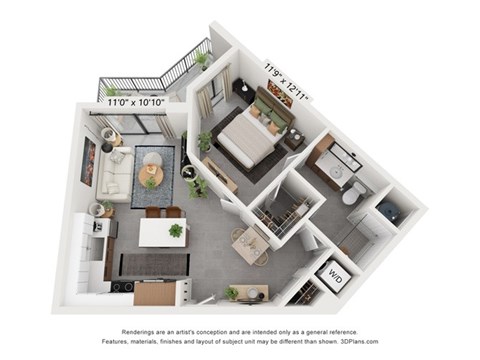 Floor plan for 1 bed, 1 bath, 677 sqft