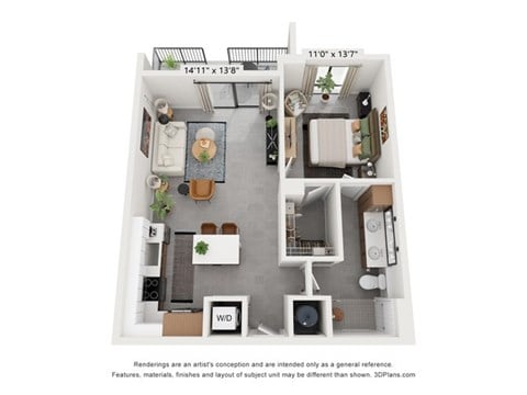 Floor plan for 1 bed, 1 bath, 788 sqft