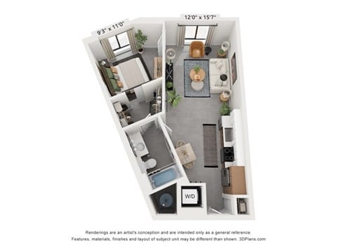 Floor plan for 1 bed, 1 bath, 659 sqft