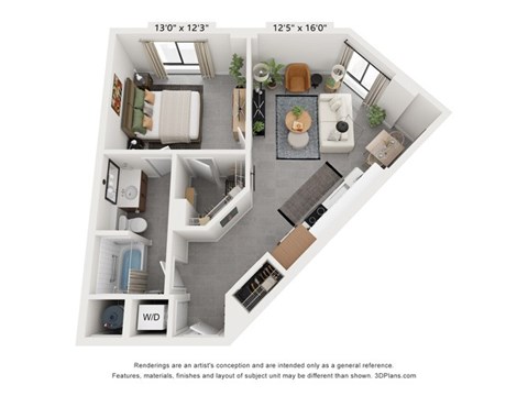 Floor plan for 1 bed, 1 bath, 725 sqft