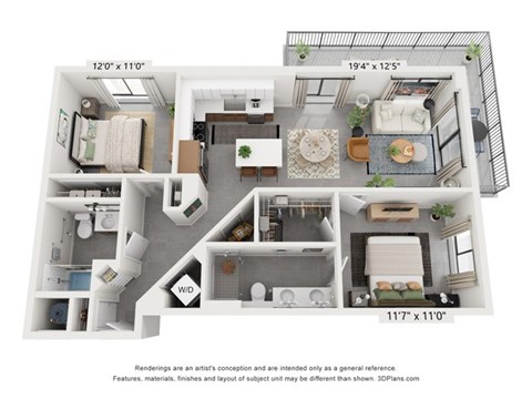Floor plan for 2 beds, 2 baths, 1086 sqft
